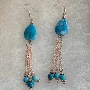 Turquoise Stone Dangle Earrings with Silver Chains